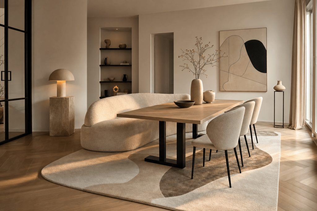Hoe combineer je een organische vorm bank met een rechte eettafel en strakke lijnen in je interieur zonder dat het rommelig oogt?