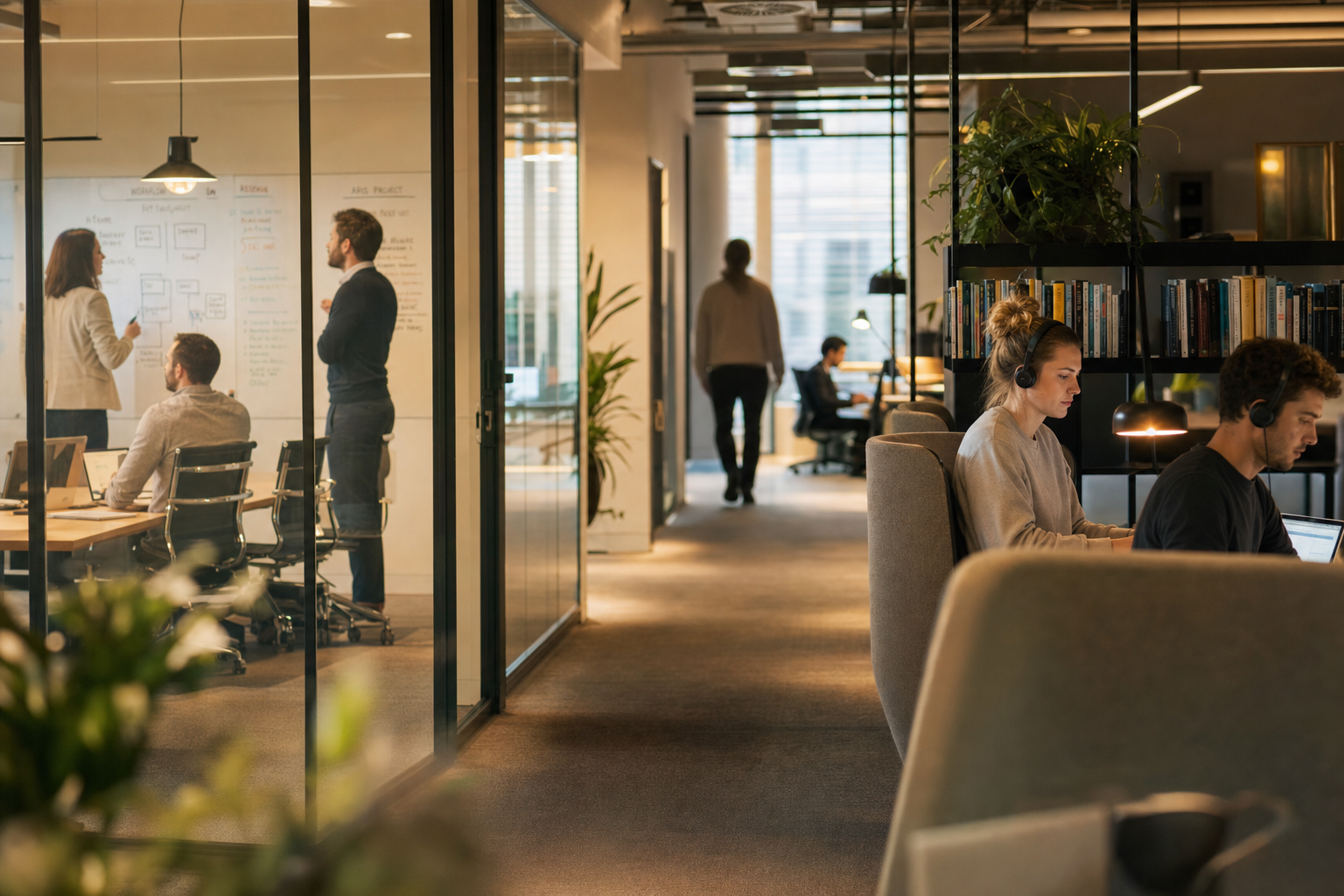 Flexibele kantoorindeling met verschillende werkzones